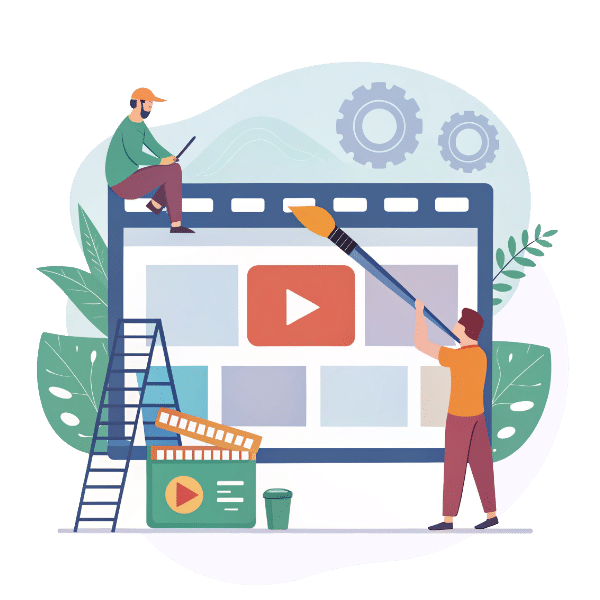 A stylized video frame being painted with a brush, as brand colors, a logo, and type elements appear seamlessly on the video, representing effortless customization and branding. Flat design, modern colors, no text, clear and professional, web illustration.<br />
