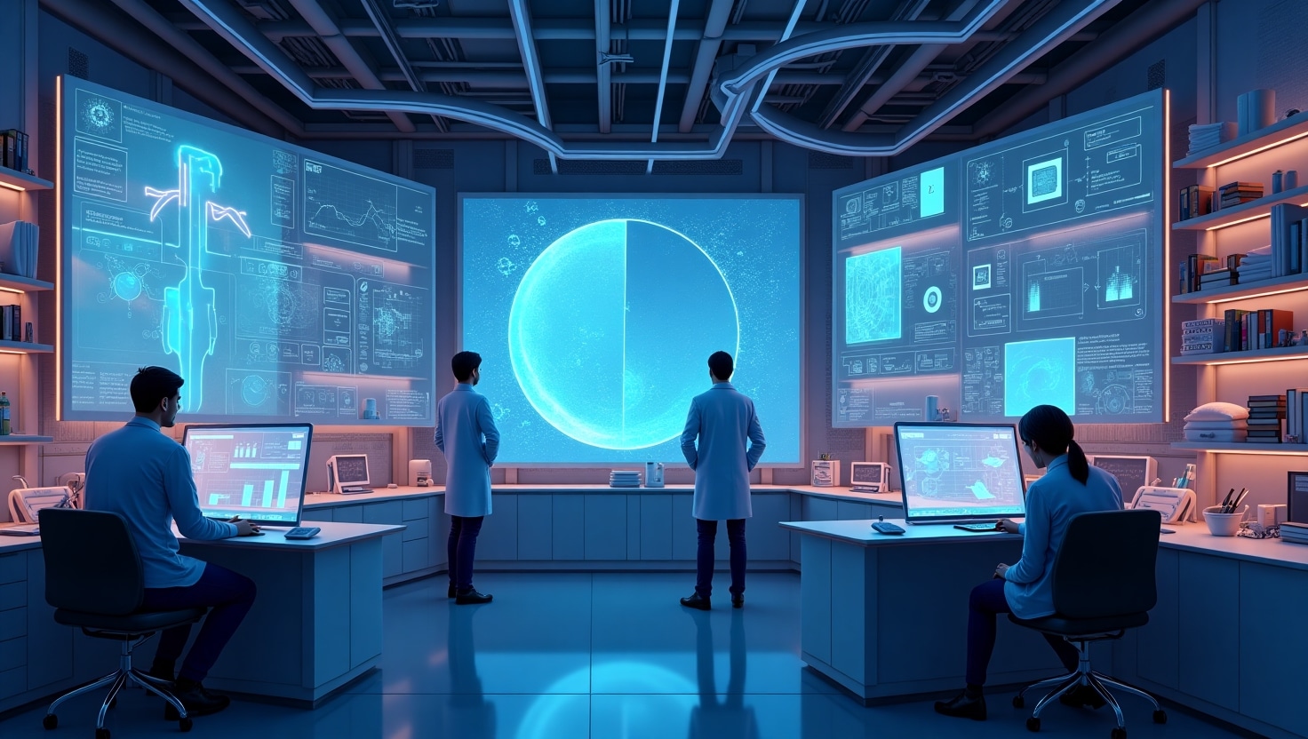 Illustration captivante d'une scène futuriste représentant un laboratoire de recherche avancé avec des chercheurs travaillant sur des écrans holographiques montrant des vidéos générées par intelligence artificielle, dans une ambiance technique et éthique. Inclure des éléments symbolisant l'innovation, la prudence et les enjeux éthiques, comme des symboles de sécurité ou de vigilance. Style semi-réaliste avec couleurs inspirées de la palette VidForger (#54387D, #3E408D, #3C579D, #47C0B4, #58A17B, #80D07E, #A5DA6F, #E1A65F, #EFCA5E, #EBE263), ambiance sérieuse et professionnelle, format paysage.