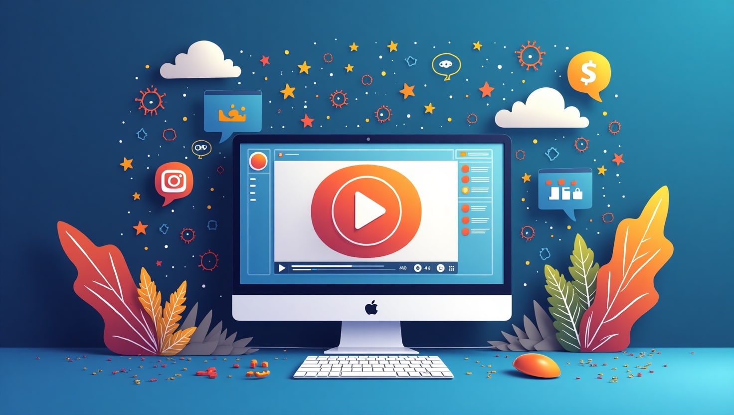 Illustration carrée en style conceptuel mêlant culture web et technologie, représentant une scène où un ordinateur ou un écran affiche une vidéo reprenant un mème populaire ou une référence culturelle, entouré de symboles de viralité comme des flèches, des hashtags et des éclats, avec des éléments graphiques évoquant l'IA tels que des circuits ou des neurones, dans une ambiance dynamique et créative, utilisant une palette de couleurs inspirée de la marque : #54387D, #3E408D, #3C579D, #47C0B4, #58A17B, #80D07E, #A5DA6F, #E1A65F, #EFCA5E, #EBE263.