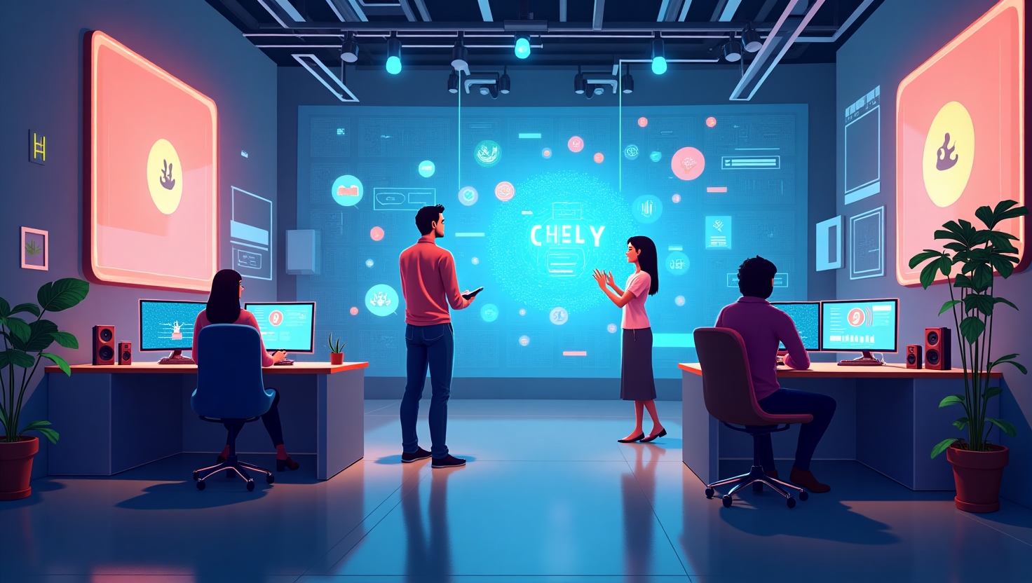 Illustration carrée en style digital moderne représentant une scène de production audiovisuelle innovante, avec des éléments technologiques tels que des écrans holographiques, des câbles connectés à des dispositifs IA, et des créateurs en train de collaborer avec des assistants virtuels dans un studio futuriste, ambiance dynamique et inspirante, palette de couleurs basée sur la marque VidForger (#54387D, #3E408D, #3C579D, #47C0B4, #58A17B, #80D07E, #A5DA6F, #E1A65F, #EFCA5E, #EBE263).