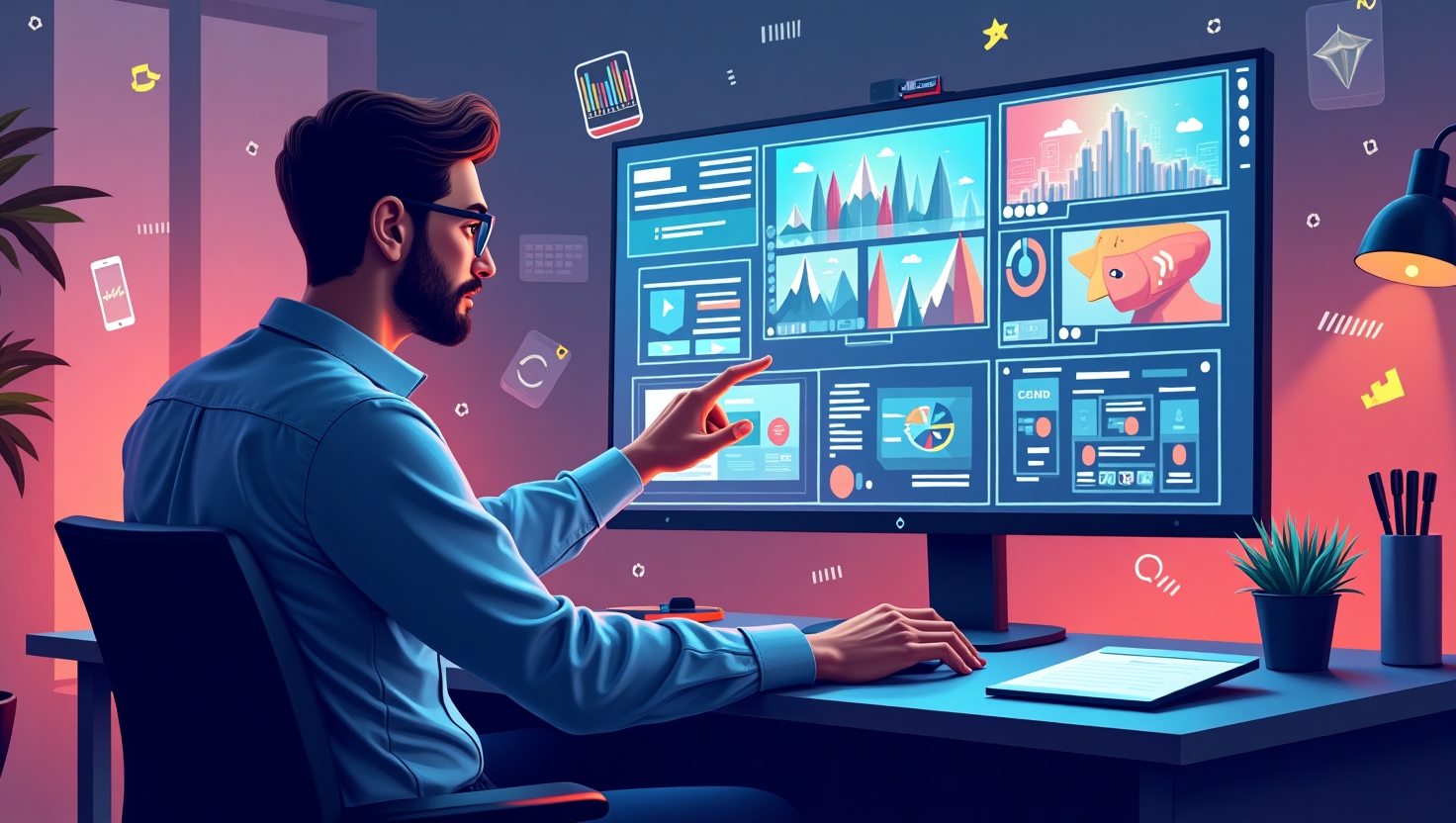 Illustration carrée en style digital moderne représentant un créateur de contenu en train de gérer une vidéo en direct sur un écran multi-fenêtres, entouré d’éléments visuels dynamiques illustrant la créativité, la technologie et la production vidéo professionnelle, ambiance innovante et inspirante, palette VidForger (#54387D, #3E408D, #3C579D, #47C0B4, #58A17B, #80D07E, #A5DA6F, #E1A65F, #EFCA5E, #EBE263).