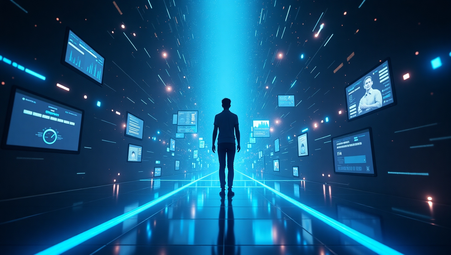 Illustration carrée en style futuriste et immersif représentant une silhouette ou un avatar en train d’interagir avec une scène vidéo 3D immersive holographique, entouré d’élements technologiques avancés tels que des interfaces digitales flottantes et des lumières dynamiques, dans une ambiance high-tech et innovante, couleurs inspirées de la palette VidForger (#54387D, #3E408D, #3C579D, #47C0B4, #58A17B, #80D07E, #A5DA6F, #E1A65F, #EFCA5E, #EBE263).