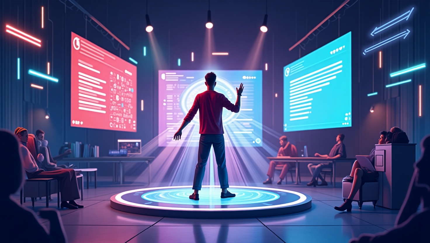 Illustration carrée en style moderne et dynamique représentant une scène de création vidéo numérique avec un athlète stylisé au centre, entouré d’éléments technologiques comme des écrans holographiques, des lignes de code et des silhouettes de personnalisation, ambiance inspirante et innovante, palette VidForger (#54387D, #3E408D, #3C579D, #47C0B4, #58A17B, #80D07E, #A5DA6F, #E1A65F, #EFCA5E, #EBE263).