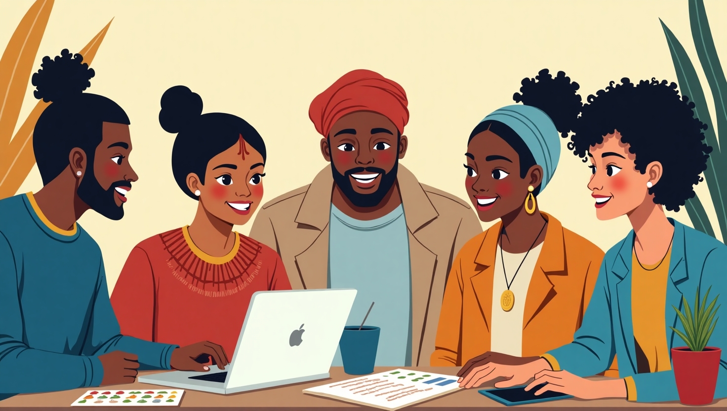 Illustration carrée en style réaliste ou semi-réaliste représentant une scène multiculturelle dynamique avec des personnes de différentes origines ethniques, langues et styles vestimentaires échangeant ou collaborant autour d’un ordinateur ou d’un projecteur numérique intégrant des éléments symboliques de diverses cultures, telles que motifs, objets ou paysages traditionnels. L’atmosphère doit être inclusive, éducative et engagée, soulignant la diversité et la vigilance éthique dans la création vidéo par IA. Palette de couleurs inspirée de la marque VidForger (#54387D, #3E408D, #3C579D, #47C0B4, #58A17B, #80D07E, #A5DA6F, #E1A65F, #EFCA5E, #EBE263).
