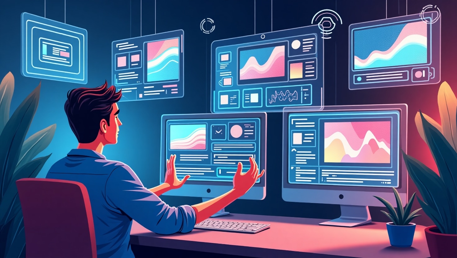 Illustration de style moderne et pédagogique représentant un créateur vidéo entouré d'écrans holographiques affichant des éléments de production vidéo, comme des scripts, des mascottes AI, des vagues sonores, et des montages, avec une ambiance dynamique et engagée, mettant en valeur la fusion de l'humain et de la technologie dans la création vidéo, palette de couleurs inspirée de VidForger (#54387D, #3E408D, #3C579D, #47C0B4, #58A17B, #80D07E, #A5DA6F, #E1A65F, #EFCA5E, #EBE263), format paysage, style illustration claire et accessible.