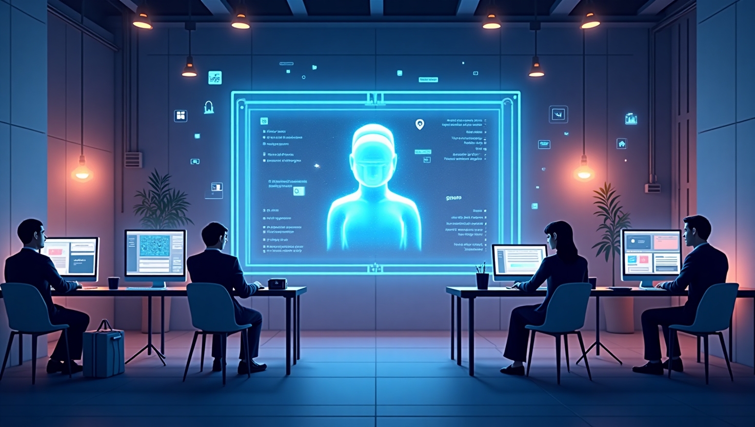 Illustration digitale moderne représentant une scène futuriste d'une plateforme de création vidéo numérique, avec un écran holographique affichant des symboles de transparence, consentement et lutte contre la désinformation, entouré de créateurs et professionnels travaillant sur ordinateurs et équipements audiovisuels, ambiance sérieuse et innovante, style réaliste avec touches stylisées, mettant en avant la thématique de l'éthique et de la régulation de l'IA vidéo en Europe, palette inspirée des couleurs #54387D, #3E408D, #3C579D, #47C0B4, #58A17B, #80D07E, #A5DA6F, #E1A65F, #EFCA5E, #EBE263, format paysage.