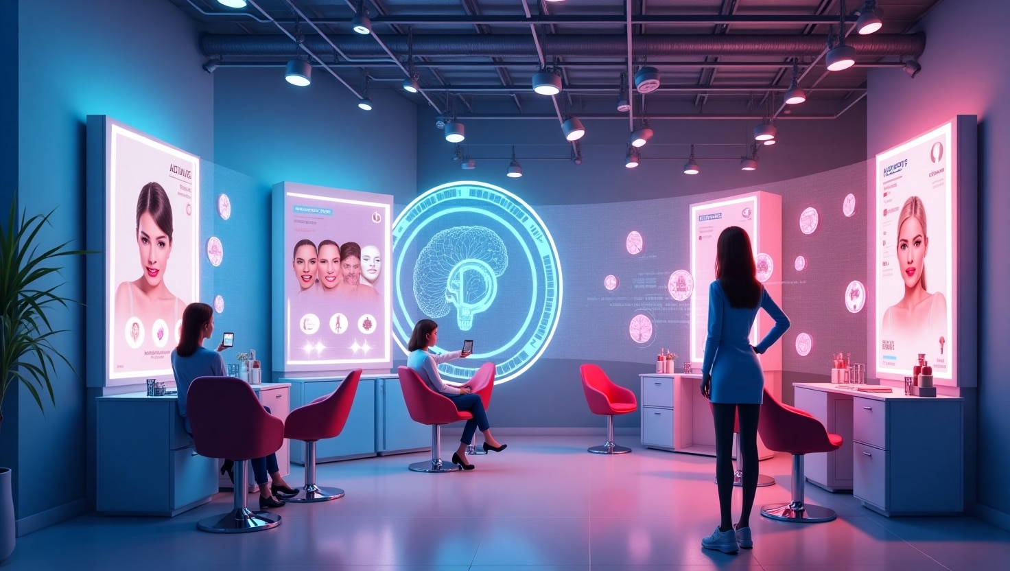Illustration détaillée d'une scène moderne dans un environnement beauté numérique, présentant une cliente utilisant un miroir intelligent holographique ou un écran virtuel interactif avec des tutoriels de maquillage personnalisés, entourée d'éléments visuels évoquant la technologie IA comme des flux de données ou des réseaux neuronaux. Style illustration futuriste et inspirant, ambiance dynamique et innovante, avec une palette de couleurs inspirée de la marque VidForger (#54387D, #3E408D, #3C579D, #47C0B4, #58A17B, #80D07E, #A5DA6F, #E1A65F, #EFCA5E, #EBE263), en format paysage pour évoquer l’impact et la grandeur de cette révolution technologique dans le secteur de la beauté.