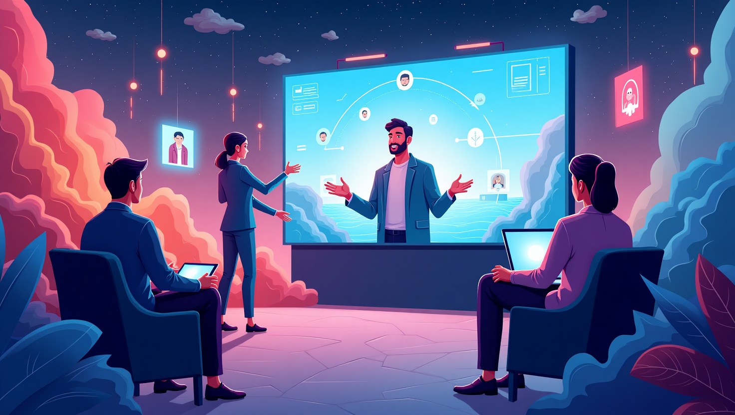 Illustration dynamique en style futuriste et moderne représentant un paysage de vidéoconférence en direct sur un écran, avec des éléments visuels technologiques et digitalisés, montrant une scène où un créateur de contenu interagit avec une audience virtuelle, entouré de visualisations d’intelligence artificielle générant des publicités en temps réel, ambiance innovante et immersive, palette de couleurs inspirée de la marque (#54387D, #3E408D, #3C579D, #47C0B4, #58A17B, #80D07E, #A5DA6F, #E1A65F, #EFCA5E, #EBE263), style illustration moderne et nette, format paysage.