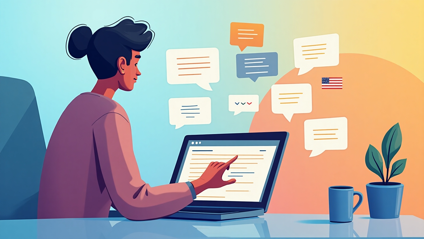 Illustration dynamique et moderne montrant un créateur de contenu utilisant un ordinateur ou une tablette avec des éléments visuels flottants représentant des scripts, des idées de vidéos, et des tendances populaires, entouré d’un fond vibrant évoquant l’énergie et la créativité des réseaux sociaux, dans un style numérique épuré et illustratif. L’ambiance doit suggérer l’innovation et la simplicité d’utilisation, avec une palette de couleurs inspirée de la marque : #54387D, #3E408D, #3C579D, #47C0B4, #58A17B, #80D07E, #A5DA6F, #E1A65F, #EFCA5E, #EBE263. Format paysage recommandée.