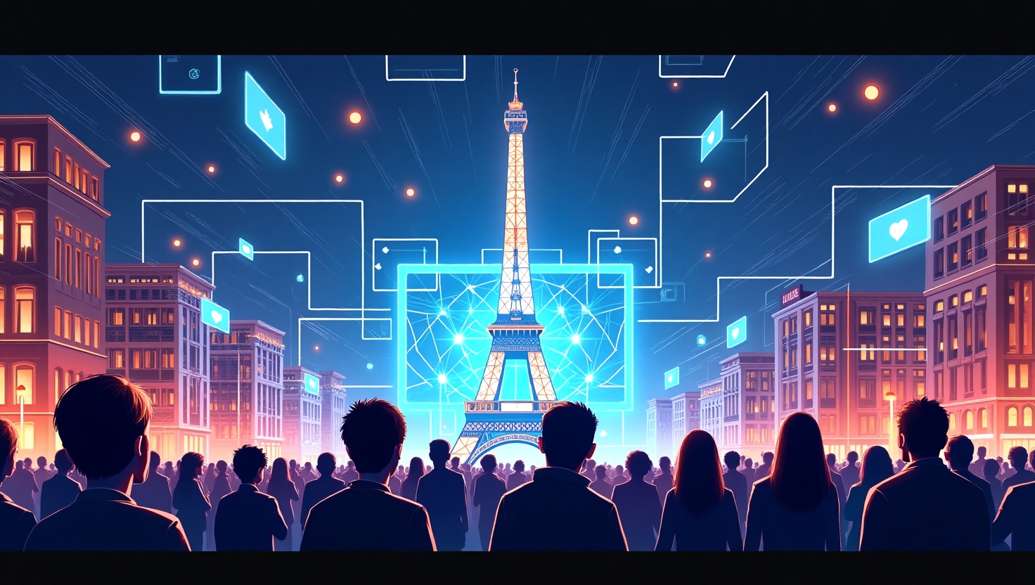Illustration dynamique et moderne représentant une scène futuriste à Paris avec des éléments visuels symbolisant la création vidéo et l’intelligence artificielle, comme des hologrammes de vidéos, des écrans interactifs, des artistes en train de manipuler des interfaces numériques avancées, intégrant aussi des symboles de progrès technologique tels que des circuits électroniques et des lumières luminescentes. Style illustration numérique éclatante, avec une ambiance innovante et inspirante, mettant en valeur la reunion de créateurs, chercheurs et publics lors d’un festival. Palette de couleurs basée sur les teintes #54387D, #3E408D, #3C579D, #47C0B4, #58A17B, #80D07E, #A5DA6F, #E1A65F, #EFCA5E, #EBE263.