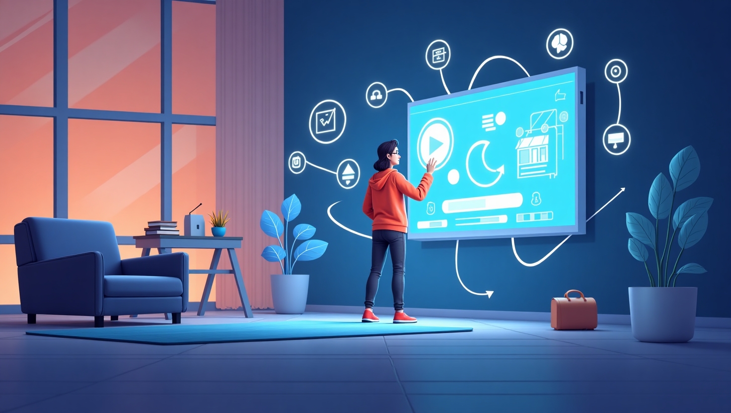 Illustration dynamique représentant une scène de vidéo marketing immersive où un utilisateur interagit avec des éléments visuels cliquables superposés à une vidéo en train d'être visualisée sur un écran moderne, symbolisant l'intégration de l'IA pour une expérience d'achat fluide et personnalisée, avec des produits en surimpression et des icônes interactives. L'ambiance doit être innovante, futuriste et engageante, mettant en valeur la transition vers un commerce vidéo interactif, style illustration semi-réaliste ou numérique, dans une palette inspirée des couleurs de la marque : #54387D, #3E408D, #3C579D, #47C0B4, #58A17B, #80D07E, #A5DA6F, #E1A65F, #EFCA5E, #EBE263, et en format paysage.