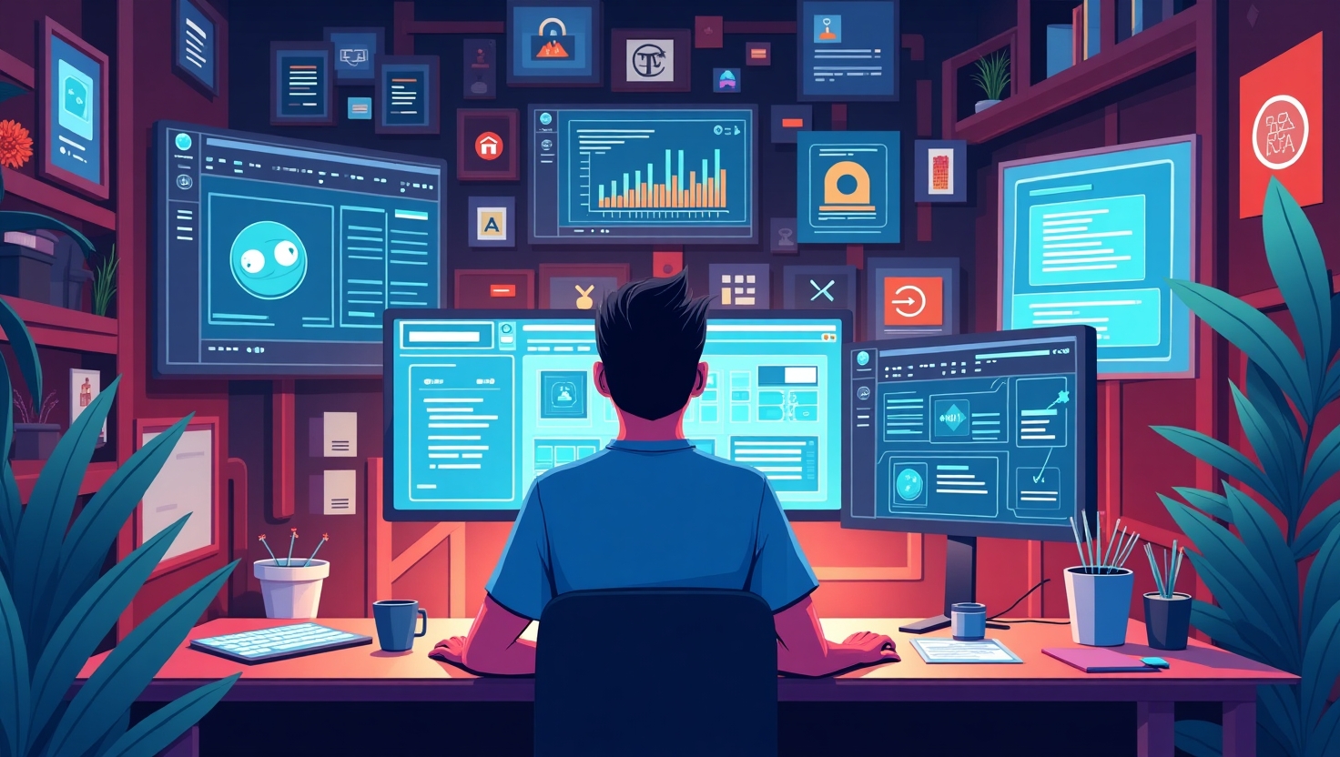 Illustration immersive en style moderniste et dynamique représentant un créateur de contenu entouré d'équipements technologiques avancés, tels qu’un ordinateur avec écrans affichant des timelines et des interfaces d’IA, des scripts en cours de génération, des éléments visuels de montage vidéo et de doublage en arrière-plan, dans une ambiance vibrante et connectée. La scène évoque une journée de production vidéo ultra-rapide, avec des éléments de brainstorming, d’automatisation et de gestion de projets, illustrant la transformation numérique dans la création de contenus. La palette de couleurs s’inspire des tons #54387D, #3E408D, #3C579D, #47C0B4, #58A17B, #80D07E, #A5DA6F, #E1A65F, #EFCA5E, #EBE263 pour un rendu cohérent et inspirant, format paysage, style illustration moderne, vibrant et inspirant, orienté vers un public de créateurs et d’innovateurs technologiques.