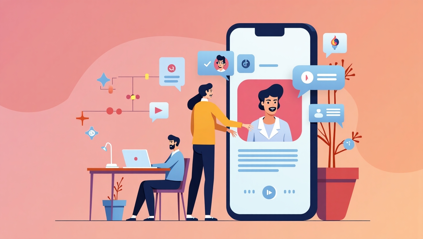 Illustration moderne en style flat design représentant un smartphone affichant la plateforme TikTok avec une vidéo de fond symbolisant l'inclusion, des éléments visuels avec un contraste élevé entre couleurs vives et foncées, intégrant des icônes de texte alternatif et de réglages de contraste, des symboles d'accessibilité comme une icône de lecteur d'écran ou d'amplification du texte, ambiance innovante et inclusive, palette de couleurs inspirée de VidForger (#54387D, #3E408D, #3C579D, #47C0B4, #58A17B, #80D07E, #A5DA6F, #E1A65F, #EFCA5E, #EBE263), style graphique clair, épuré et professionnel, format paysage