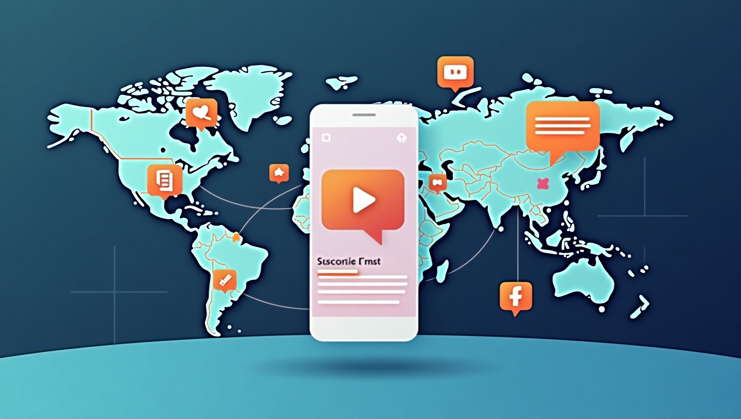 Illustration moderne en style numérique ou flat design représentant un smartphone affichant une vidéo TikTok avec des sous-titres multilingues se déployant en temps réel, entouré d'éléments globaux tels que des cartes du monde et des langues variées, symbolisant la diversité linguistique et l'accessibilité mondiale, ambiance dynamique et innovante, palette VidForger (#54387D, #3E408D, #3C579D, #47C0B4, #58A17B, #80D07E, #A5DA6F, #E1A65F, #EFCA5E, #EBE263).