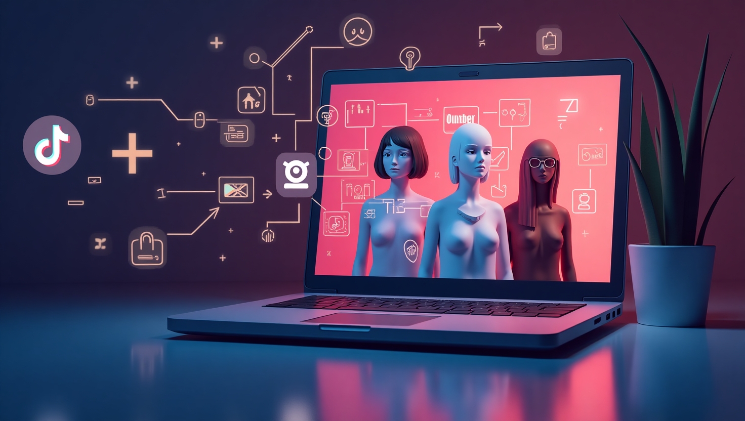 Illustration moderne en style réaliste ou semi-réaliste représentant un écran de smartphone ou d'ordinateur affichant la plateforme TikTok avec des avatars synthétiques ultra-réalistes en arrière-plan, en train d'être filtrés ou bloqués par une interface numérique symbolisant la sécurité et la régulation. Inclure des éléments visuels évoquant la controverse, comme des silhouettes anonymes ou floues, et des icônes technologiques illustrant le filtrage et la détection algorithmique. L’atmosphère doit refléter une tension entre innovation et régulation, avec une palette de couleurs inspirée des teintes de la marque VidForger (#54387D, #3E408D, #3C579D, #47C0B4, #58A17B, #80D07E, #A5DA6F, #E1A65F, #EFCA5E, #EBE263), tout en conservant un style épuré et professionnel pour évoquer l’actualité numérique et la controverse autour des avatars IA.