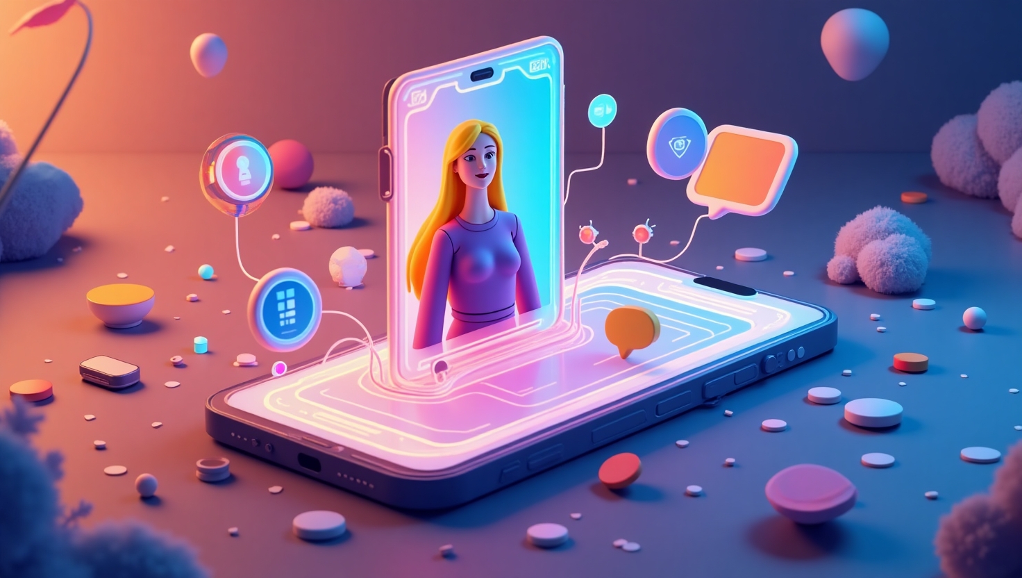 Illustration moderne et dynamique en style digital art représentant un smartphone affichant une interface de création vidéo, avec un selfie animé en train d’émerger sur l’écran, entouré d’éléments visuels de réalité augmentée et de décors générés par intelligence artificielle, ambiance innovante et technologique, couleurs vives inspirées de la palette VidForger (#54387D, #3E408D, #3C579D, #47C0B4, #58A17B, #80D07E, #A5DA6F, #E1A65F, #EFCA5E, #EBE263), pour illustrer la nouveauté de la fonctionnalité Cameos AI Video de Snapchat.