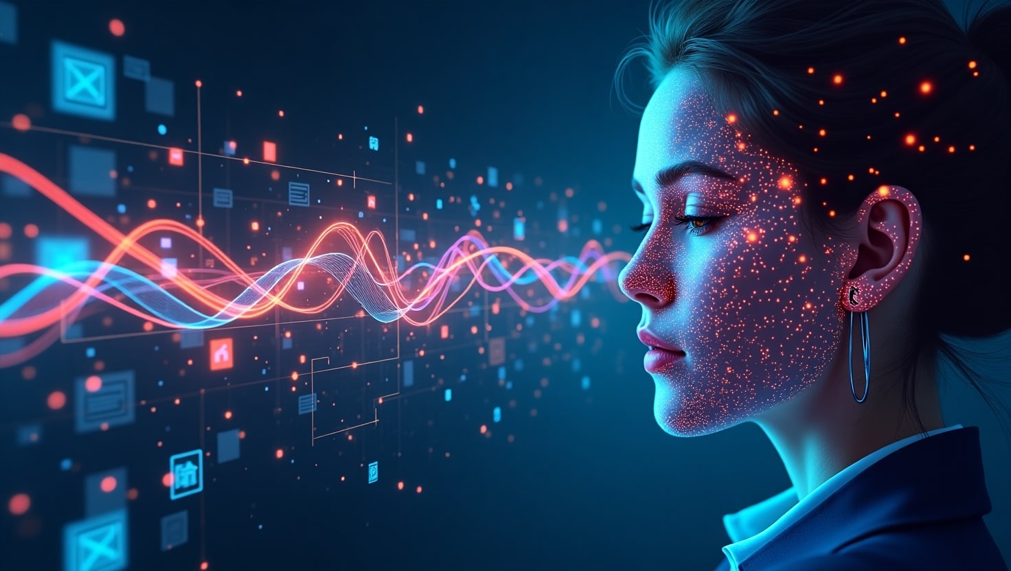 Illustration moderne et dynamique représentant un écran de montage vidéo où un avatar virtuel ou un visage humain est synchronisé avec différentes ondes sonores colorées, symbolisant la technologie d'intelligence artificielle appliquée au doublage. Intégrez des éléments visuels évoquant la diversité linguistique, tels que des bulles de texte ou des drapeaux stylisés, et des icônes représentant la éthique, comme un cadenas ou une balance, pour souligner les enjeux éthiques. Style numérique et semi-réaliste, avec une ambiance professionnelle et innovante, en utilisant une palette inspirée des couleurs VidForger (#54387D, #3E408D, #3C579D, #47C0B4, #58A17B, #80D07E, #A5DA6F, #E1A65F, #EFCA5E, #EBE263). La composition doit être en format paysage, adaptée à un contexte de présentation ou de couverture illustrée.
