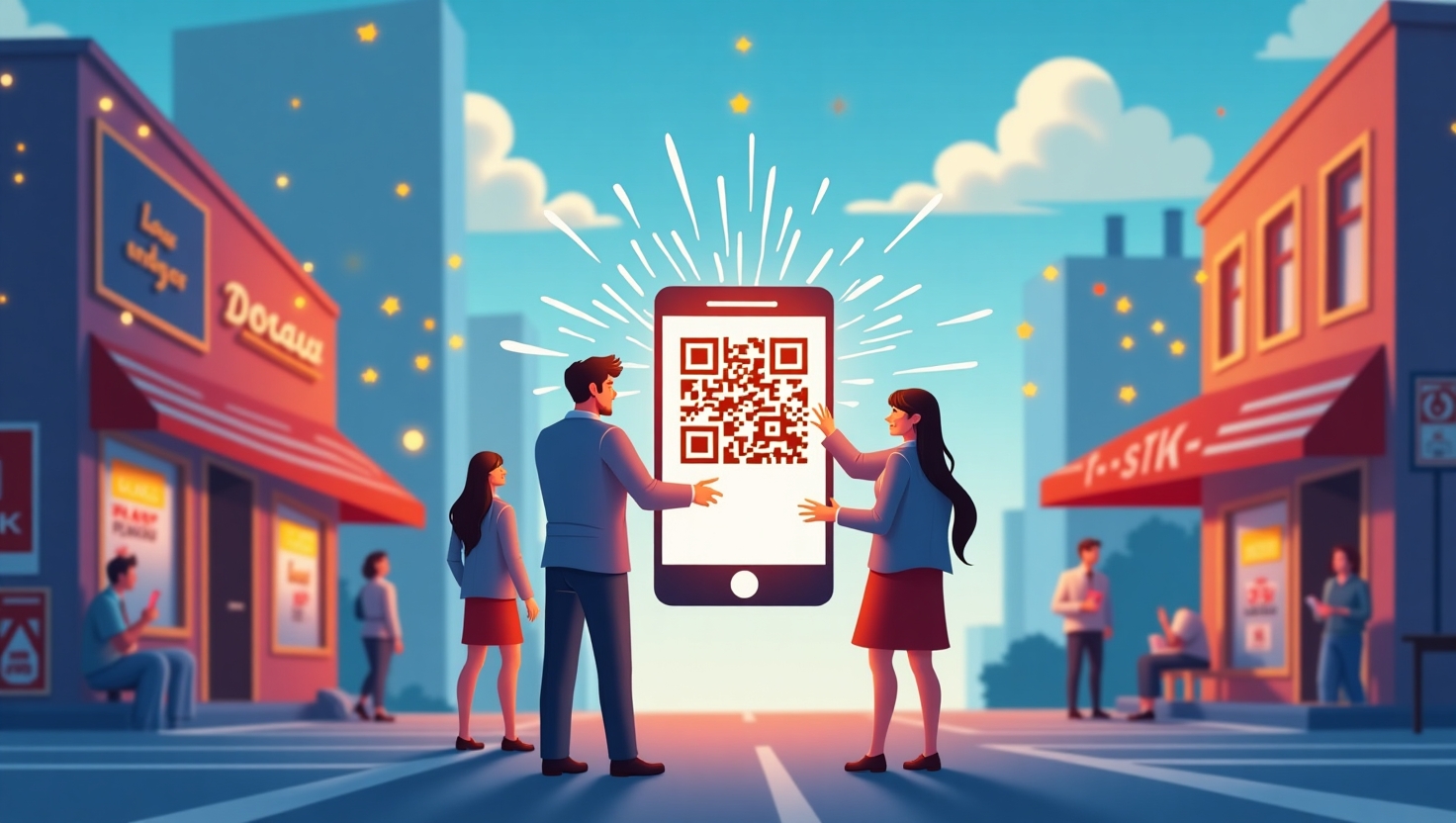 Illustration moderne et dynamique représentant un smartphone affichant un QR code scintillant au centre, avec en arrière-plan une scène urbaine ou commerciale animée où des personnes scannent le QR code pour accéder instantanément à une vidéo courte. L’atmosphère doit évoquer l’innovation technologique, la rapidité et l’engagement immédiat, style illustratif numérique clair et professionnel, avec une palette de couleurs inspirée de la marque VidForger (#54387D, #3E408D, #3C579D, #47C0B4, #58A17B, #80D07E, #A5DA6F, #E1A65F, #EFCA5E, #EBE263). L’image doit être au format paysage, mettant en avant la convergence entre le numérique et le réel, symbolisant la révolution du partage vidéo via QR codes.