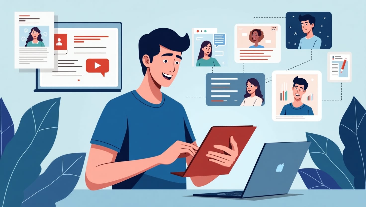 Illustration moderne et pédagogique représentant un créateur ou un marketer utilisant une tablette ou un ordinateur portable, entouré d'éléments visuels symbolisant la création vidéo : scripts, storyboards, visuels, voix off, sous-titres, le tout en intégration fluide par une aura d'énergie numérique et d'intelligence artificielle. L'ambiance doit être rassurante, accessible, avec un style clair et professionnel, évoquant la simplification et la personnalisation de l’image, dans une palette de couleurs inspirée de VidForger (#54387D, #3E408D, #3C579D, #47C0B4, #58A17B, #80D07E, #A5DA6F, #E1A65F, #EFCA5E, #EBE263). Style illustration digitale, moderne et pédagogique, format paysage.