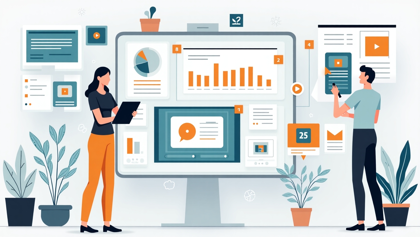 Illustration moderne et pédagogique représentant un professionnel ou un étudiant en train de rédiger un brief clair pour une intelligence artificielle vidéo, avec des éléments visuels symbolisant la méthodologie, la structuration et la créativité, tels qu’un tableau ou un carnet avec des questions clés, des flèches illustrant un processus étape par étape, et des images de vidéos en miniatures pour évoquer différents styles et usages (marketing, storytelling, formation). Style épuré, illustratif, ambiance inspirante et éducative, palette VidForger (#54387D, #3E408D, #3C579D, #47C0B4, #58A17B, #80D07E, #A5DA6F, #E1A65F, #EFCA5E, #EBE263), format paysage pour une utilisation optimale dans un contexte de guide pédagogique.