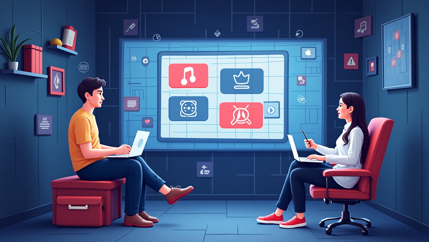 Illustration numérique moderne représentant un écran ou un dispositif de visualisation affichant des vidéos personnalisées adaptant contenu, visuels et produits en temps réel selon les spectateurs, dans un style réaliste ou semi-abstrait avec une palette de couleurs dynamiques inspirée de la marque (#54387D, #3E408D, #3C579D, #47C0B4, #58A17B, #80D07E, #A5DA6F, #E1A65F, #EFCA5E, #EBE263), ambiance innovante et professionnelle, évoquant la transformation du marketing vidéo à l'ère de l’IA avec un focus sur la technologie, la créativité et l’interaction personnalisé