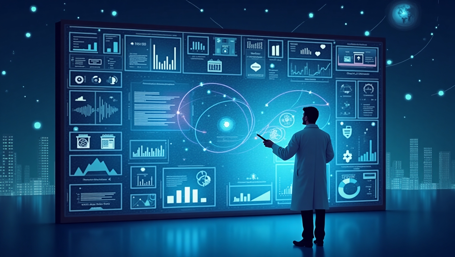 Illustration pédagogique et inspirante en style moderne et semi-réaliste représentant un scientifique ou un professionnel de la technologie travaillant sur un grand écran holographique affichant des flux vidéo, des graphiques d'indexation, des tags sémantiques, et des représentations d'ondes sonores et de dialogues en temps réel. L’atmosphère doit évoquer l’innovation, la transformation digitale et la compréhension profonde des contenus audiovisuels, avec une palette de couleurs inspirée de la marque (#54387D, #3E408D, #3C579D, #47C0B4, #58A17B, #80D07E, #A5DA6F, #E1A65F, #EFCA5E, #EBE263). L’image doit transmettre la notion de révolution technologique dans la manipulation et l’analyse de vidéos, dans un style clair, pédagogique, avec un aspect futuriste-laboratoire et une orientation professionnelle, au format paysage.