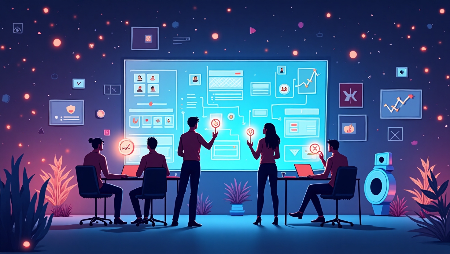 Une illustration moderne et dynamique représentant plusieurs créateurs vidéo collaborant en temps réel sur une grande interface numérique intégrant des éléments d’édition vidéo et d’intelligence artificielle, avec des silhouettes stylisées utilisant des outils avancés, entourés de flux visuels symbolisant la créativité, le partage et l’innovation. L’ambiance doit être inspirante et technologique, avec une palette de couleurs intégrant le violet, le bleu et le vert inspirée de la palette VidForger (#54387D, #3E408D, #3C579D, #47C0B4, #58A17B, #80D07E, #A5DA6F, #E1A65F, #EFCA5E, #EBE263), en style illustration numérique moderne, dans un format carré pour souligner la révolution collaborative du contenu vidéo.