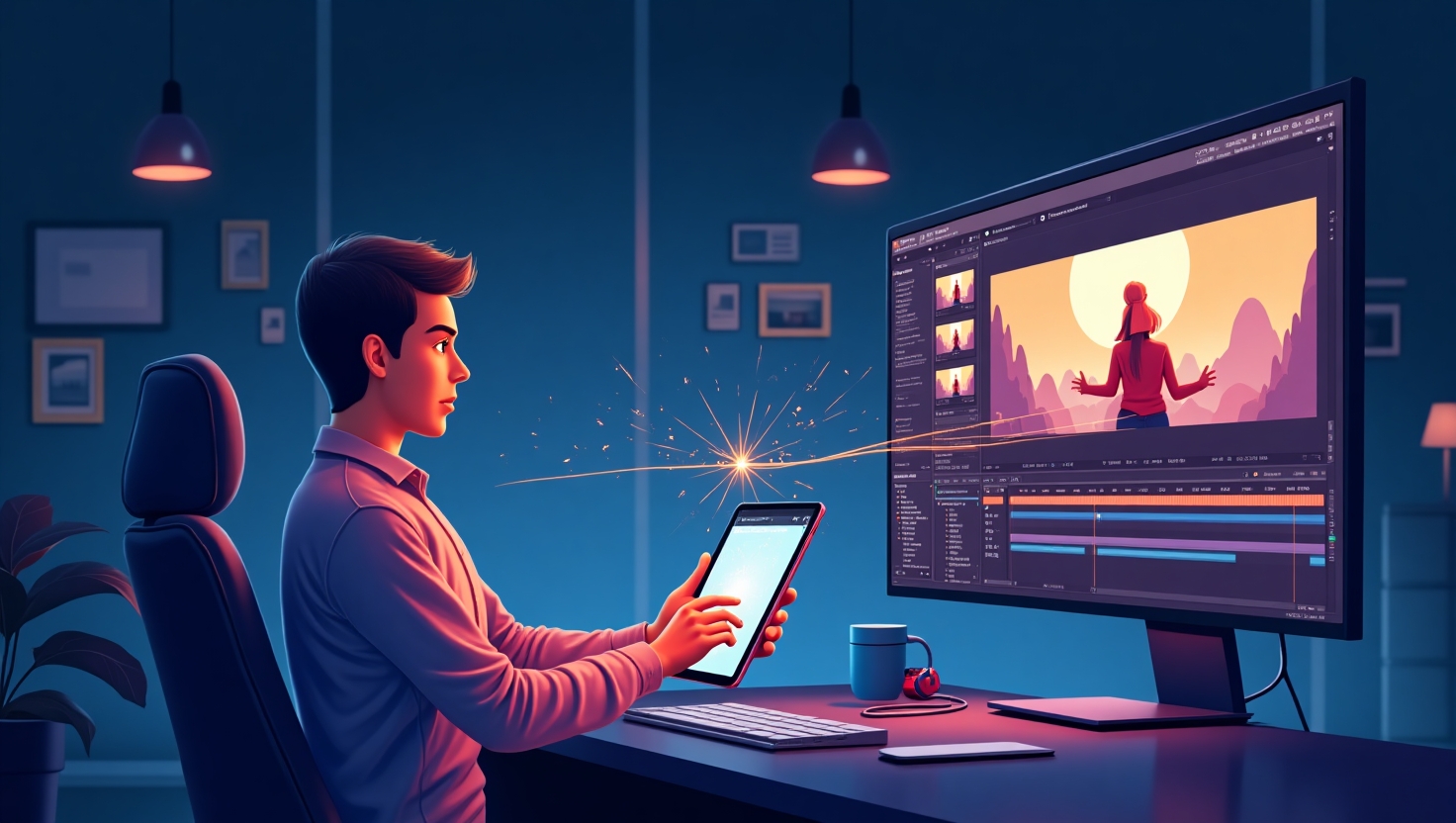 Une illustration moderne et dynamique représentant un créateur de vidéos en train de monter un clip sur un ordinateur portable ou une tablette, avec des éléments visuels évoquant l'intelligence artificielle comme des lignes de code ou des circuits lumineux autour. L'image doit transmettre l'idée de montage vidéo en temps réel grâce à une technologie avancée, avec des indicateurs ou graphiques symbolisant la détection de moments-clés, l'optimisation du rythme et des transitions. Le style graphique est une illustration numérique fluide, haute en couleurs avec une palette inspirée de la marque ; couleurs principales : #54387D, #3E408D, #3C579D, #47C0B4, #58A17B, #80D07E, #A5DA6F, #E1A65F, #EFCA5E, #EBE263. L'ambiance doit être inspirante, innovante et professionnelle, reflétant une avancée technologique révolutionnaire pour le montage vidéo.