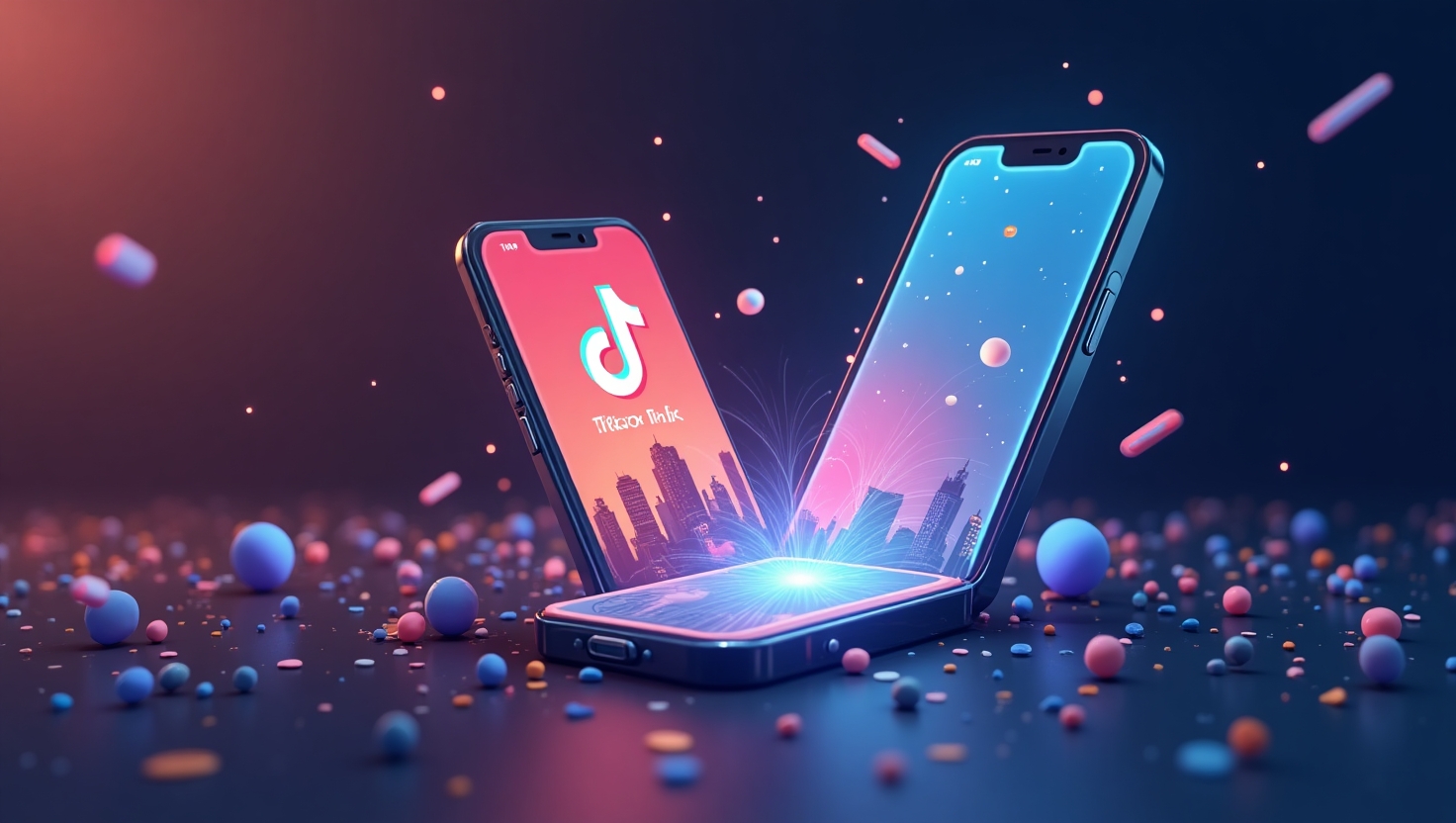 Une illustration moderne et dynamique représentant un smartphone affichant une application TikTok en mode Stories où une photo statique se transforme en une vidéo animée, entourée d'effets lumineux et de particules évoquant la créativité et le mouvement, ambiance innovante et inspirante, style digital et futuriste, palette de couleurs inspirée de la marque avec #54387D, #3E408D, #3C579D, #47C0B4, #58A17B, #80D07E, #A5DA6F, #E1A65F, #EFCA5E, #EBE263, rendu clair et attrayant en format paysage.