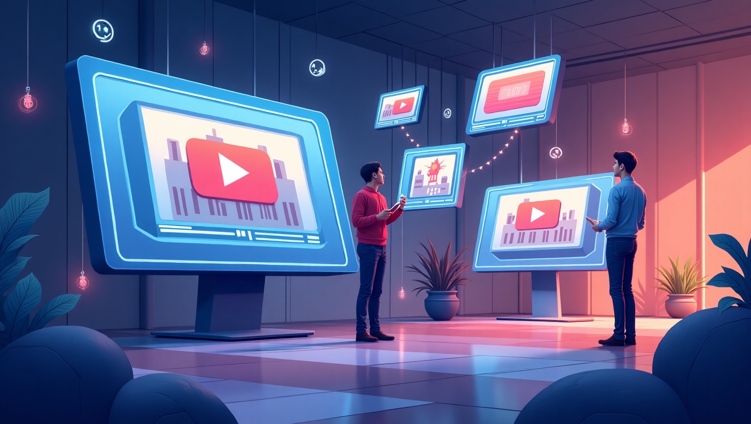 Une illustration moderne et dynamique représentant une scène de marketing digital avec des écrans ou interfaces affichant des vidéos personnalisées générées par intelligence artificielle, intégrant des éléments de design épurés et futuristes, dans un style illustratif professionnel. L’image doit évoquer la démocratisation de la vidéo personnalisée dans la grande distribution, avec des touches visuelles évoquant la croissance, l’innovation et la technologie. Utilisez une palette colorée inspirée des teintes #54387D, #3E408D, #3C579D, #47C0B4, #58A17B, #80D07E, #A5DA6F, #E1A65F, #EFCA5E, #EBE263. L’ambiance doit être inspirante, à la croisée de la créativité et de la technologie, avec un style graphique épuré et professionnel, en format paysage si pertinent.