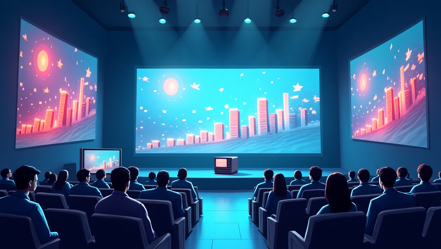 Une illustration moderne et dynamique représentant une salle de projection ou un espace numérique où plusieurs écrans brillants affichent des graphiques en croissance, symbolisant la progression du streaming vidéo. En arrière-plan, des éléments visuels évoquant la transition entre la télévision traditionnelle et le streaming digital, comme un vieux téléviseur à côté de dispositifs modernes (smartphone, tablette, ordinateur) avec des flux de données fléchés en direction d'une audience diversifiée. L’ambiance doit être inspirante et innovante, avec une palette de couleurs inspirée de la marque VidForger (#54387D, #3E408D, #3C579D, #47C0B4, #58A17B, #80D07E, #A5DA6F, #E1A65F, #EFCA5E, #EBE263). Style graphique illustratif, professionnel et moderne, mettant en avant la révolution dans la consommation vidéo, adapté pour une image paysage d’ambiance futuriste et technologique.