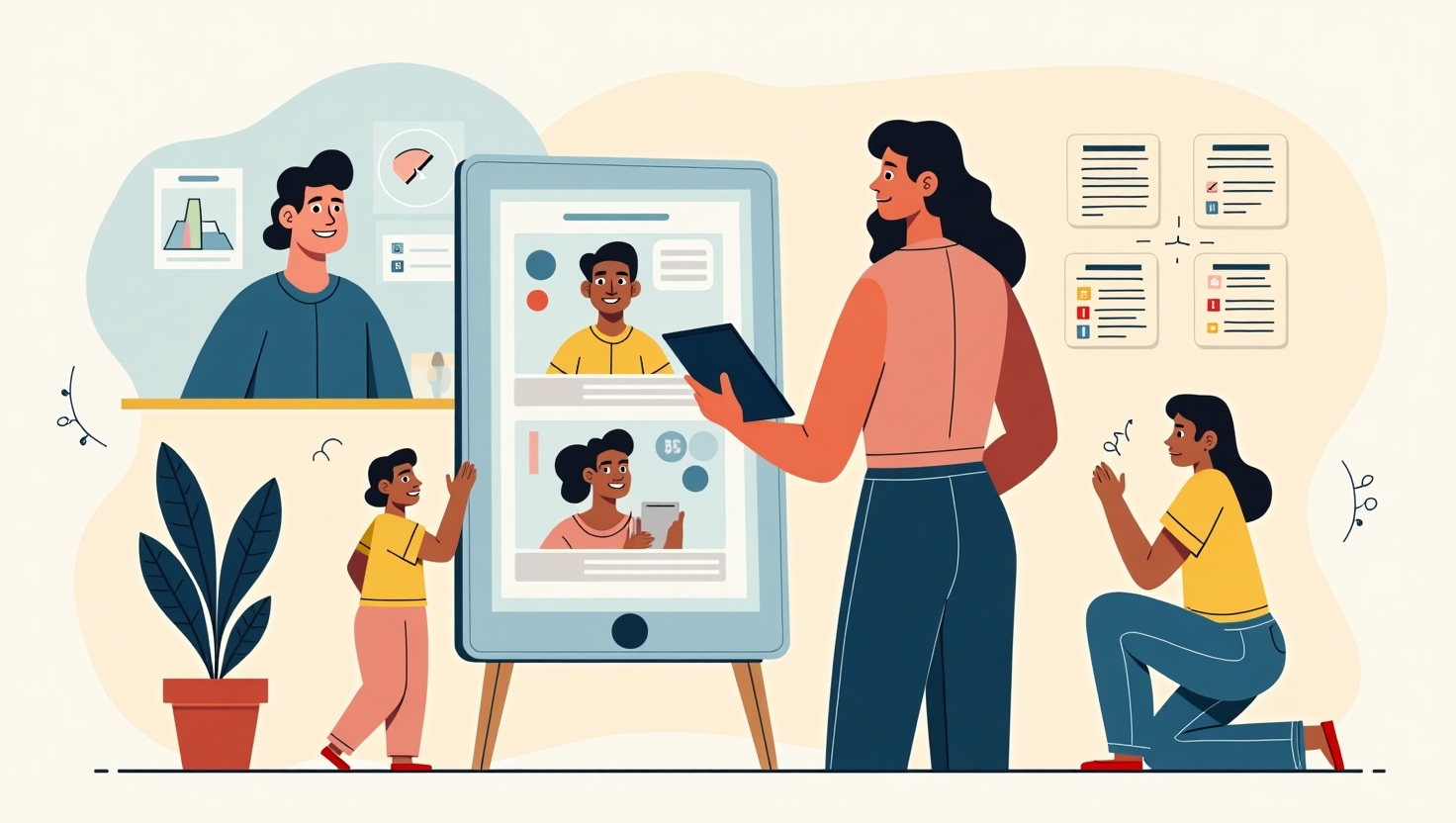 Une illustration moderne et pédagogique représentant un créateur novice utilisant une tablette ou un ordinateur pour animer un personnage virtuel réaliste, avec des éléments visuels illustrant expressions faciales, gestuelle fluide, et synchronisation voix-mouvements, dans un style clair, accessible, et inspirant, ambiance motivante et éducative, palette de couleurs inspirée des couleurs de la marque : #54387D, #3E408D, #3C579D, #47C0B4, #58A17B, #80D07E, #A5DA6F, #E1A65F, #EFCA5E, #EBE263, avec des illustrations de petits conseils, check-lists visibles en arrière-plan, pour évoquer simplicité et accessibilité dans la création vidéo IA 2025.