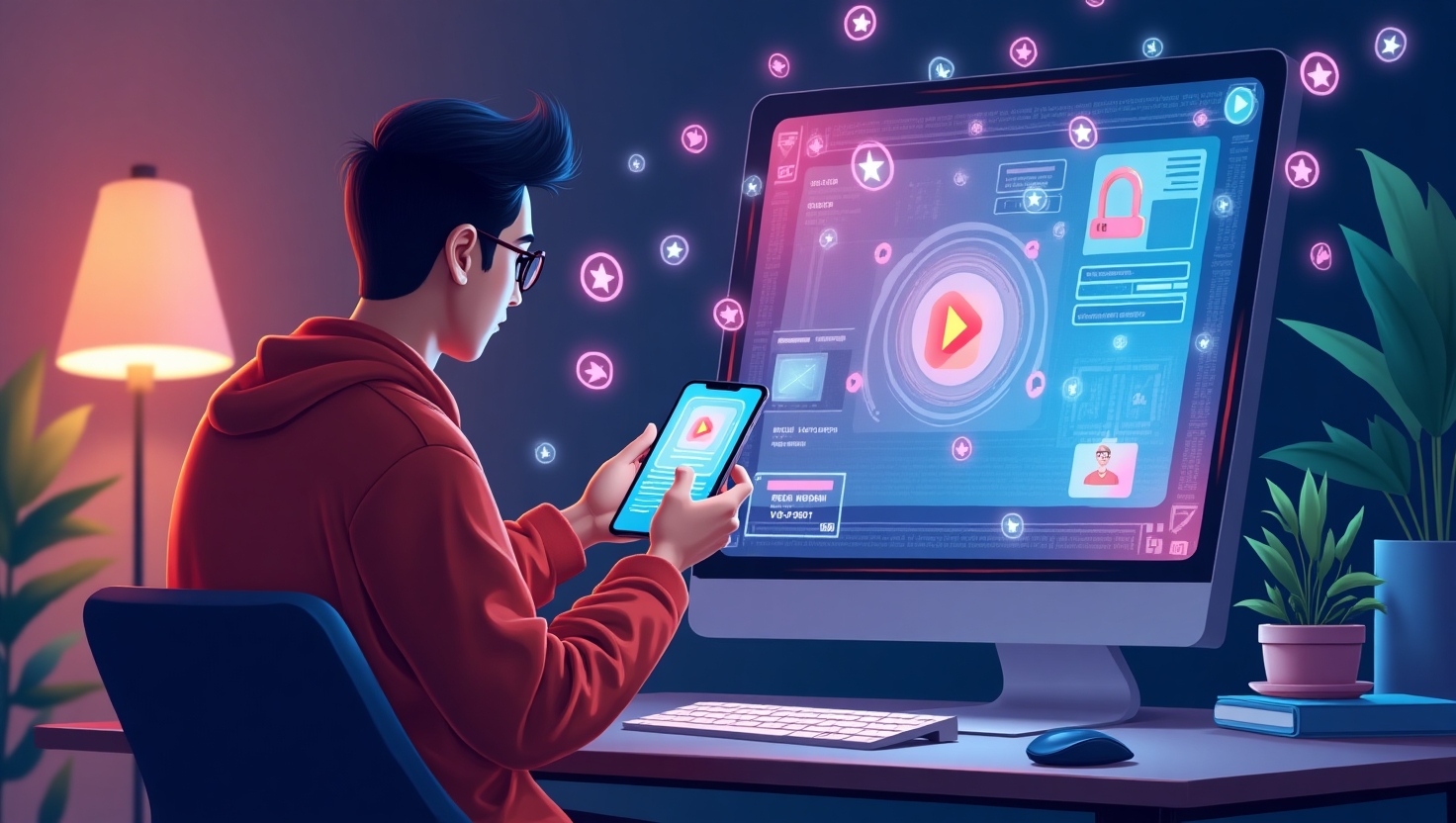 Une illustration moderne représentant un créateur de contenu utilisant un smartphone pour enregistrer un Reel, avec des effets IA dynamiques et colorés qui s’illuminent et prennent vie autour de la vidéo en temps réel, dans un style digital futuriste et immersif, ambiance inspirante et innovante, mettant en avant des animations holographiques interactives, intégrée dans un environnement de studio créatif. La palette de couleurs inclut des tons vibrants inspirés de la marque, notamment #54387D, #3E408D, #3C579D, #47C0B4, #58A17B, #80D07E, #A5DA6F, #E1A65F, #EFCA5E, #EBE263, pour souligner la nouveauté technologique et la créativité emergente.