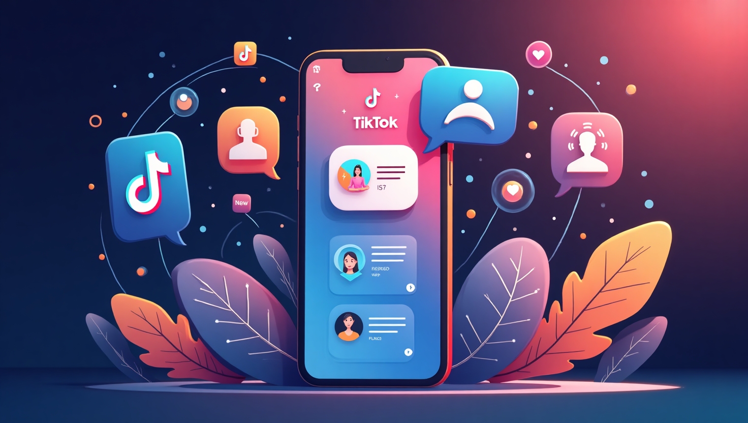 Une image moderne et dynamique illustrant un smartphone affichant l'application TikTok avec une interface de réglages de recommandations, entouré d'éléments visuels symbolisant l'intelligence artificielle, la personnalisation et la sélection de contenu comme des icônes de filtres, des mots-clés flottants, et des suggestions vidéo, ambiance innovante et technologique, style illustration numérique sophistiquée, couleurs vibrantes inspirées de la palette VidForger (#54387D, #3E408D, #3C579D, #47C0B4, #58A17B, #80D07E, #A5DA6F, #E1A65F, #EFCA5E, #EBE263), format carré