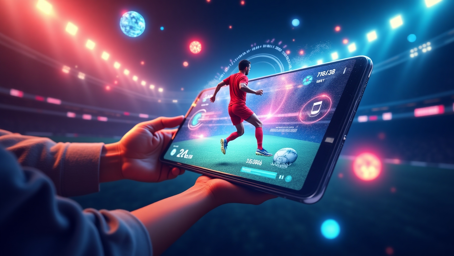 Une scène dynamique représentant une retransmission sportive immersive sur un smartphone ou une tablette, avec des éléments interactifs flottants comme des statistiques, des effets visuels modifiables et des angles de vue variés, illustrant la fusion entre technologie, sport et interactivité en temps réel, ambiance moderne et innovante, style illustration numérique riche en détails et en couleurs vives. Utiliser la palette de couleurs inspirée de VidForger (#54387D, #3E408D, #3C579D, #47C0B4, #58A17B, #80D07E, #A5DA6F, #E1A65F, #EFCA5E, #EBE263).