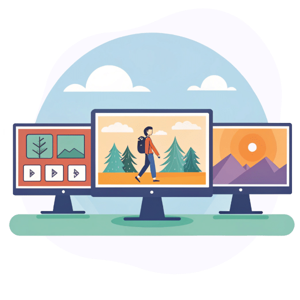 A stylized set of three digital screens—vertical, square, and horizontal—side by side, each displaying a unique animated scene, illustrating the adaptability of video formats. Flat design, modern colors, no text, clear and professional, web illustration.