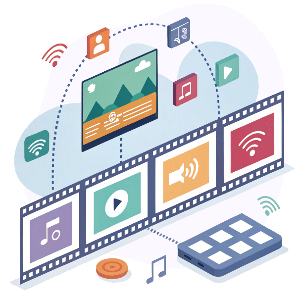 A stylized AI interface automatically connecting and synchronizing floating images, audio icons, and video frames into a seamless movie strip, representing automated video assembly. Flat design, modern colors, no text, clear and professional, web illustration.