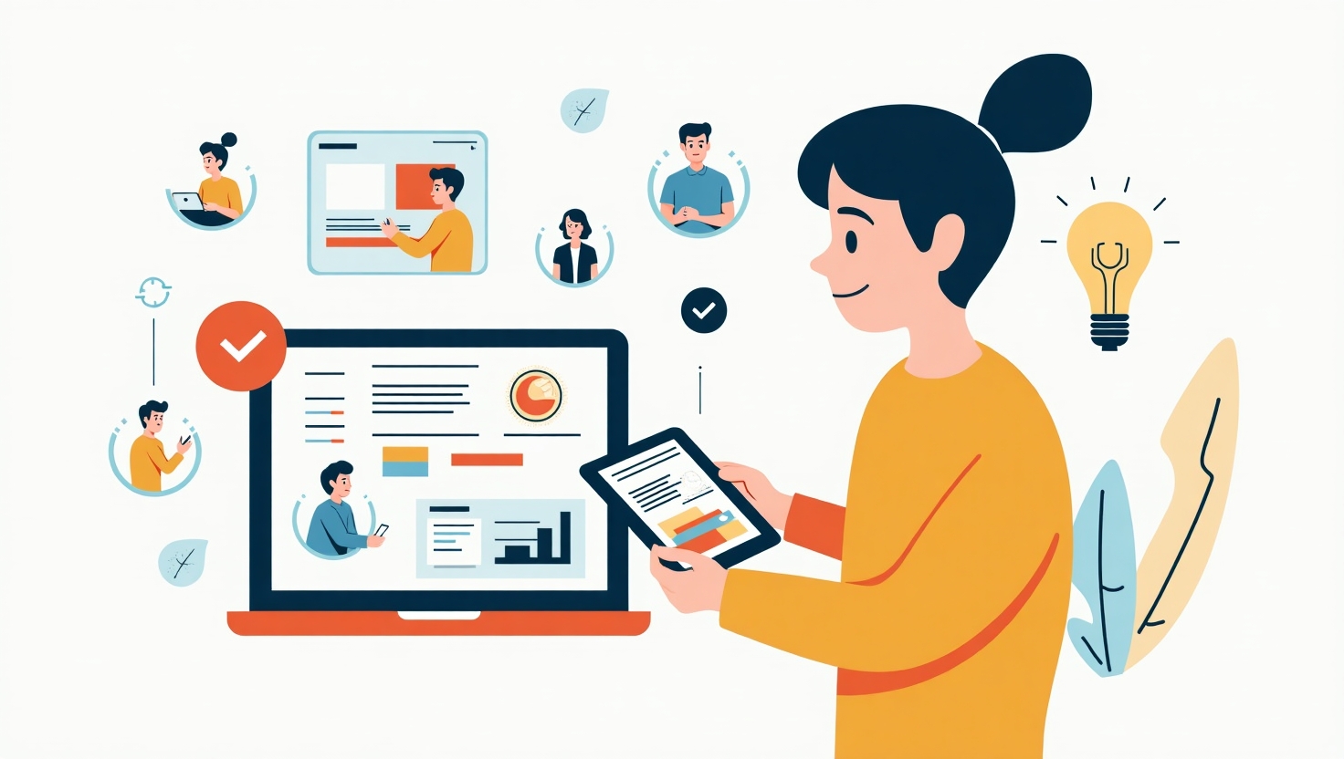 Illustration carrée en style moderne minimaliste représentant un créateur ou une équipe de marketers utilisant une tablette ou un ordinateur portable pour orchestrer un flux de travail vidéo automatisé, avec des icônes abstraites symbolisant la scénarisation, les prompts, la gestion visuelle et sonore, l'adaptation multi-formats, tout en étant entouré d'éléments graphiques évoquant l'efficacité, la routine et la simplification, ambiance pédagogique et rassurante, palette de couleurs inspirée de la marque (#54387D, #3E408D, #3C579D, #47C0B4, #58A17B, #80D07E, #A5DA6F, #E1A65F, #EFCA5E, #EBE263).