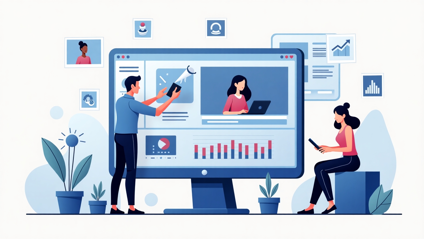 Illustration d'une scène moderne et dynamique représentant un professionnel ou une équipe créative utilisant un logiciel de création vidéo automatisée sur un grand écran ou une tablette, avec des éléments visuels symbolisant la personnalisation de masse tels que des icônes de logos, couleurs, textes multilingues, et formats variés flottant autour. L'ambiance doit transmettre l'efficacité, la simplicité et l'innovation, avec une palette de couleurs inspirée de la marque (#54387D, #3E408D, #3C579D, #47C0B4, #58A17B, #80D07E, #A5DA6F, #E1A65F, #EFCA5E, #EBE263). Style graphique moderne, digital, et professionnel, en illustration flat ou semi-réaliste, format paysage.