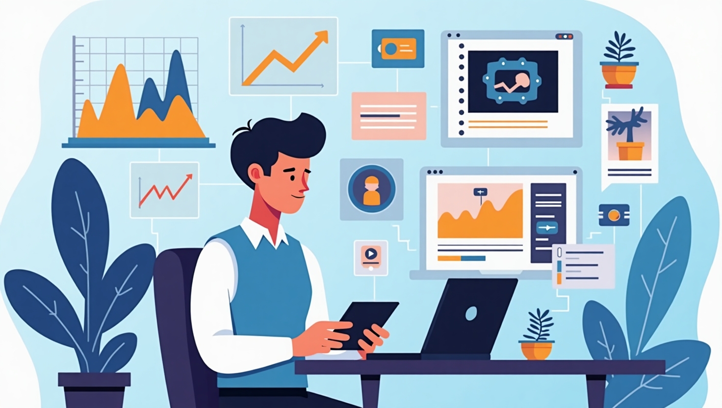 Illustration dynamique et moderne en style flat design représentant un créateur ou un social media manager travaillant sur un ordinateur portable ou une tablette, entouré d’écrans affichant des vidéos courtes en cours de montage, avec des éléments visuels symbolisant l’intelligence artificielle comme des circuits ou des icônes de robot, et des graphiques illustrant la croissance et l’impact des formats courts. L’ambiance doit évoquer la rapidité, la créativité et la simplicité d’utilisation à travers une palette de couleurs inspirée de la marque (#54387D, #3E408D, #3C579D, #47C0B4, #58A17B, #80D07E, #A5DA6F, #E1A65F, #EFCA5E, #EBE263), avec un style professionnel, clair et motivant, en format paysage.