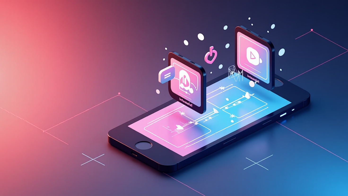 Illustration dynamique et moderne représentant un smartphone avec deux fils vidéo distincts s'étendant de l'écran, l'un illustrant le fil principal d'Instagram et l'autre le nouveau double-fil dédié aux vidéos courtes, avec des icônes de lecture, des curseurs et des créateurs en action. L’image doit évoquer la compétition entre Instagram et TikTok, avec une ambiance futuriste, énergique et inspirante, mettant en avant le virage stratégique vers la vidéo mobile. Style graphique numérique et épuré, avec une palette de couleurs inspirée de la marque VidForger (#54387D, #3E408D, #3C579D, #47C0B4, #58A17B, #80D07E, #A5DA6F, #E1A65F, #EFCA5E, #EBE263). Format paysage.