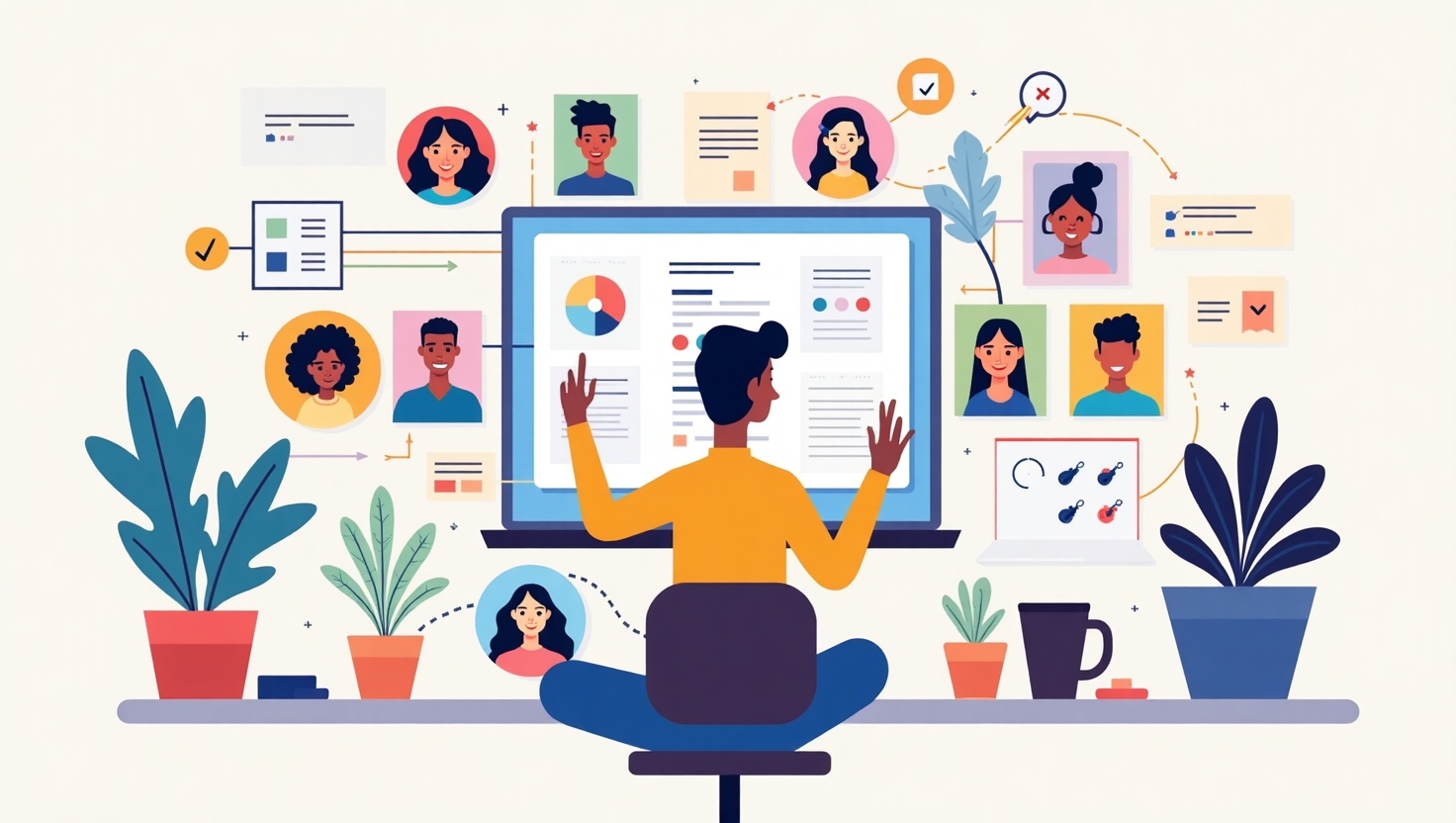 Illustration moderne en style éducatif et professionnel montrant un créateur de contenu vidéo ajustant et vérifiant des éléments visuels générés par IA, entouré d’écrans affichant des figures de diversité culturelle, de genres et de types de personnages, avec des outils de contrôle et des checklists symboliques. L’image met en avant la recherche d’inclusion et d’équilibre dans la création vidéo, avec une ambiance attentive et pédagogique. Palette de couleurs inspirée de la marque, comprenant #54387D, #3E408D, #3C579D, #47C0B4, #58A17B, #80D07E, #A5DA6F, #E1A65F, #EFCA5E, #EBE263. Style illustration claire, dynamique et constructive, format paysage.