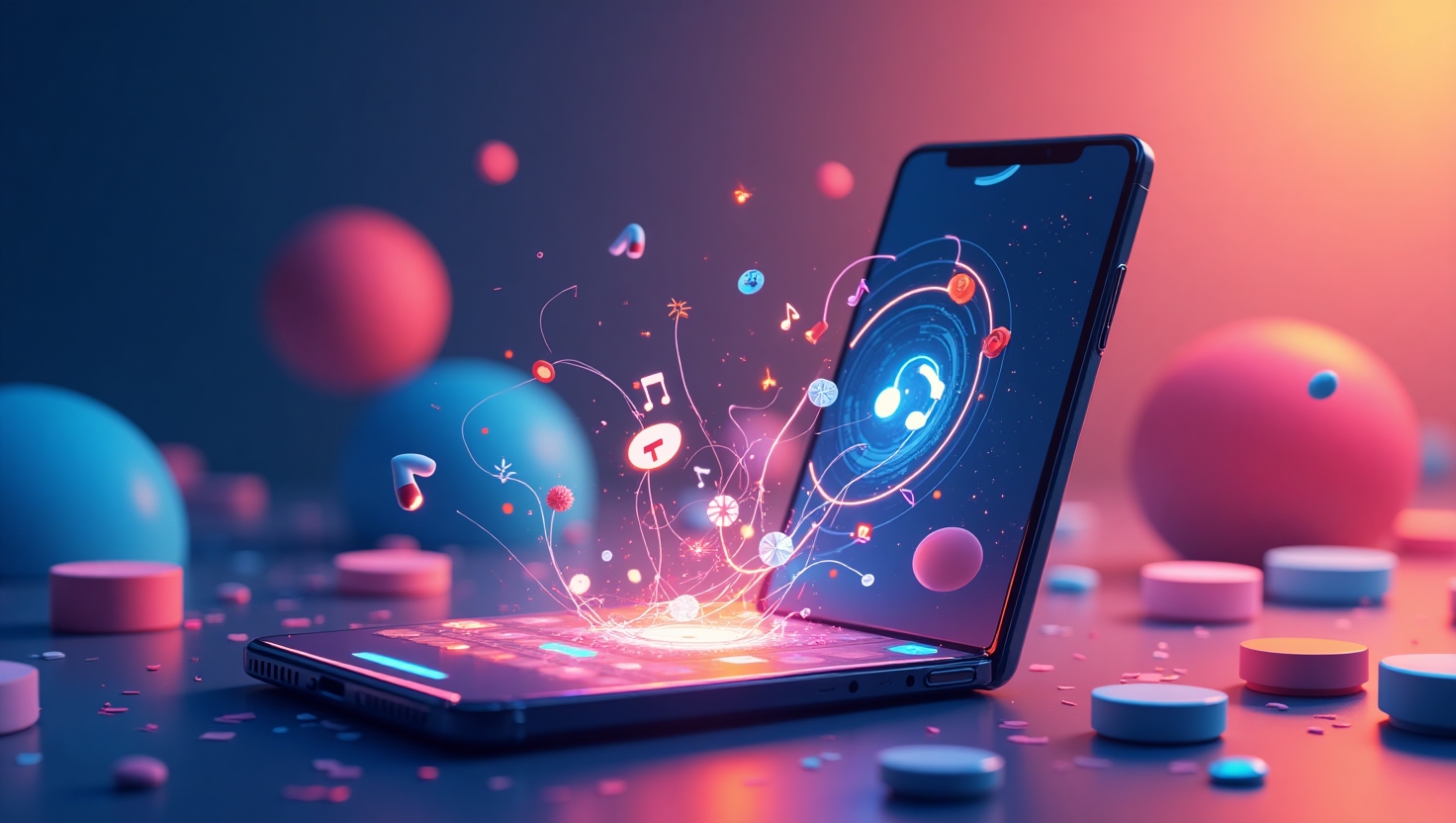 Illustration moderne et dynamique d'une scène de création de vidéos Stories sur un smartphone, avec des éléments visuels de musique, effets sonores et ondes audio flottant autour de l'écran. L'ambiance doit être innovante et technologique, mettant en avant la personnalisation audio via une intelligence artificielle. Style numérique coloré, avec une palette utilisant des teintes inspirées de la marque, notamment #54387D, #3E408D, #3C579D, #47C0B4, #58A17B, #80D07E, #A5DA6F, #E1A65F, #EFCA5E, #EBE263, pour une image vibrant d’énergie et de modernité, format paysage.