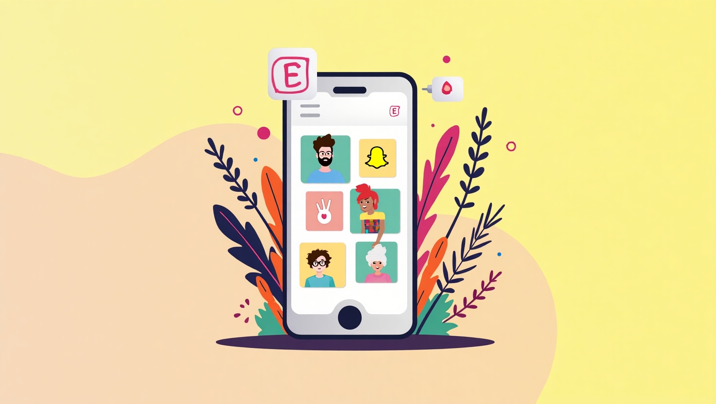 Illustration moderne et dynamique en flat design représentant un smartphone affichant une interface Snapchat avec des stickers IA évolutifs et des Snap Modes personnalisés, entourés d'éléments visuels symbolisant l'intelligence artificielle, la créativité et l'interactivité, ambiance innovante et technologique, palette de couleurs inspirée de la marque : #54387D, #3E408D, #3C579D, #47C0B4, #58A17B, #80D07E, #A5DA6F, #E1A65F, #EFCA5E, #EBE263, format paysage.