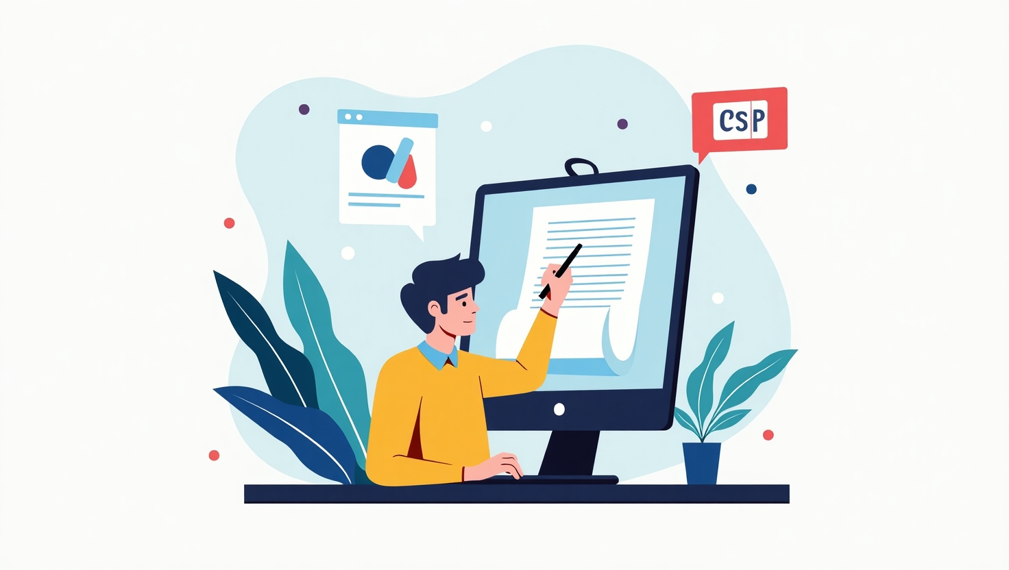 Illustration pédagogique et professionnelle représentant un créateur ou un marketeur en train de rédiger un brief vidéo sur un ordinateur, avec des éléments visuels illustrant la structuration claire, tels que des listes, des cases cochées, des icônes de branding (logo, palette de couleurs, typographies), dans un environnement de travail moderne et épuré. L’image doit évoquer l’efficacité, la précision et l’organisation, avec une ambiance inspirante et sérieuse, en style vectoriel ou illustration moderne, utilisant une palette de couleurs inspirée des tons de la marque (#54387D, #3E408D, #3C579D, #47C0B4, #58A17B, #80D07E, #A5DA6F, #E1A65F, #EFCA5E, #EBE263). Format carré, avec une composition claire et attirante adaptée à une plateforme digitale éducative.
