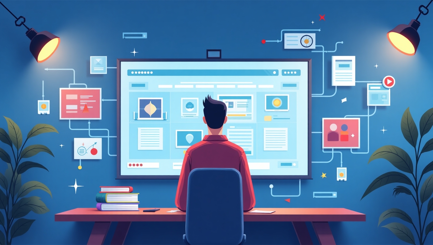 Illustration vectorielle moderne représentant un créateur de contenu ou un marketeur devant un grand écran affichant une série de vidéos stylisées, avec des éléments graphiques symbolisant l’automatisation comme des flux de données, des icônes de templates et de voix-off IA, ambiance dynamique et professionnelle, un espace organique évoquant la communauté en ligne, palette VidForger (#54387D, #3E408D, #3C579D, #47C0B4, #58A17B, #80D07E, #A5DA6F, #E1A65F, #EFCA5E, #EBE263), style illustratif moderne et épuré, format paysage.
