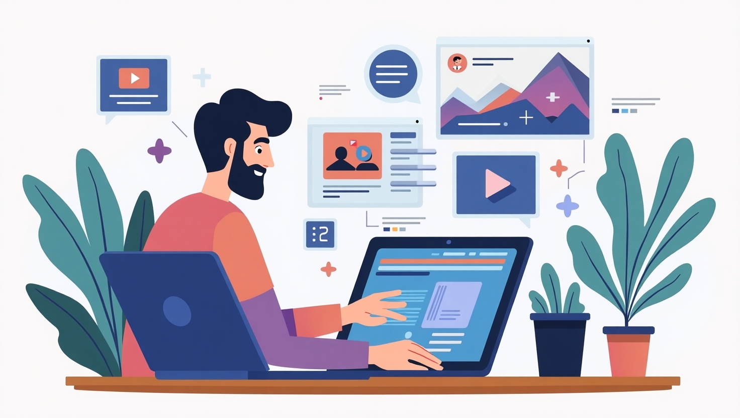 Un montage illustratif moderne représentant un créateur ou un manager digital utilisant une interface intuitive sur un ordinateur portable ou une tablette, avec des écrans affichant des vidéos dynamiques, des éléments graphiques personnalisés, des icônes de branding et de voix-off multilingues, dans un univers coloré inspiré de la palette (#54387D, #3E408D, #3C579D, #47C0B4, #58A17B, #80D07E, #A5DA6F, #E1A65F, #EFCA5E, #EBE263), ambiance professionnelle, technologique et inspirante, style illustration moderne et minimaliste, format paysage.