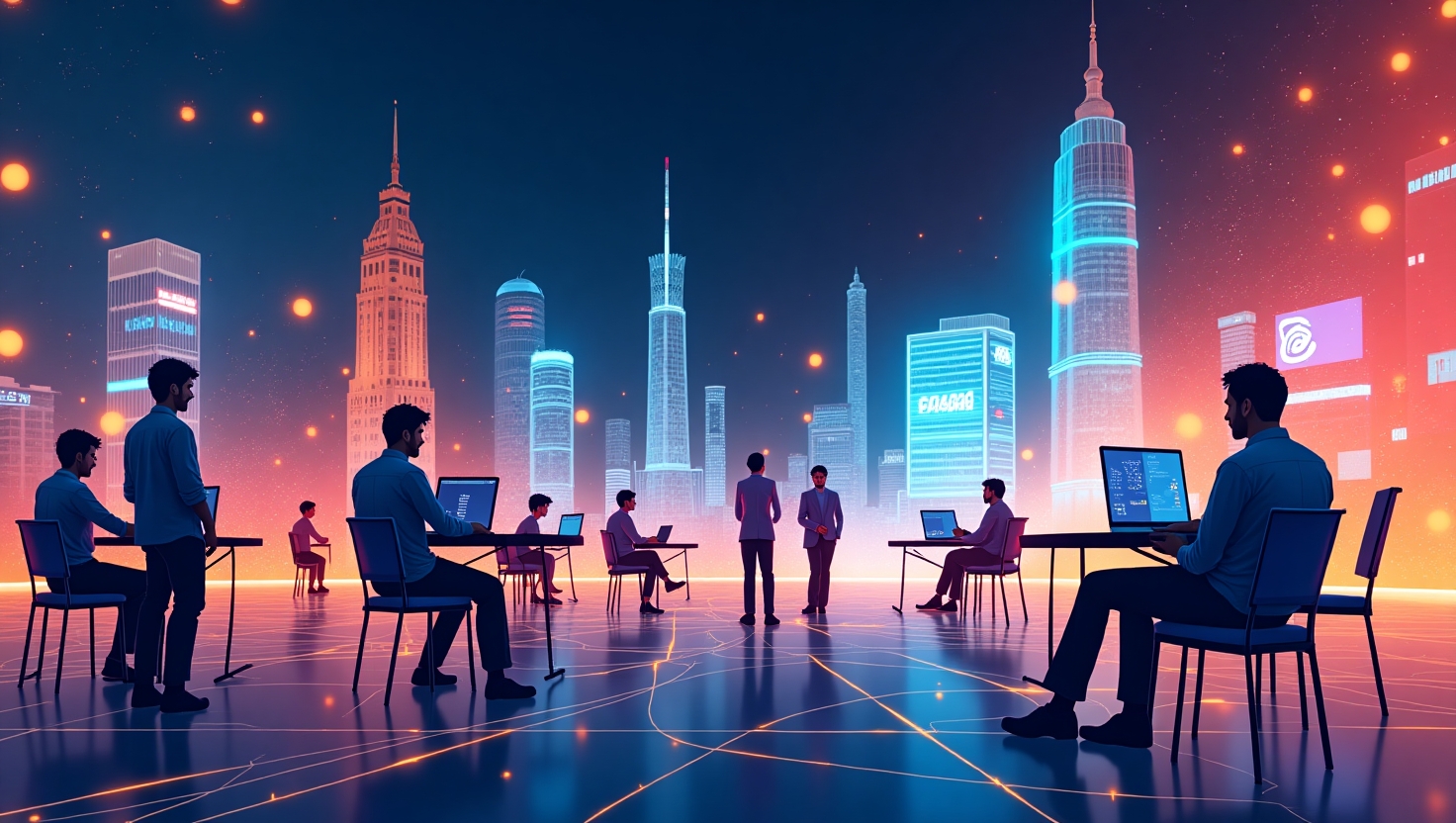 Illustration carrée en style digital moderne représentant une scène dynamique où des créateurs et artistes collaborent avec des éléments visuels générés par intelligence artificielle, intégrant des éclats lumineux et des motifs innovants évoquant la créativité numérique et la transformation digitale, ambiance inspirante et innovante, palette VidForger (#54387D, #3E408D, #3C579D, #47C0B4, #58A17B, #80D07E, #A5DA6F, #E1A65F, #EFCA5E, #EBE263).