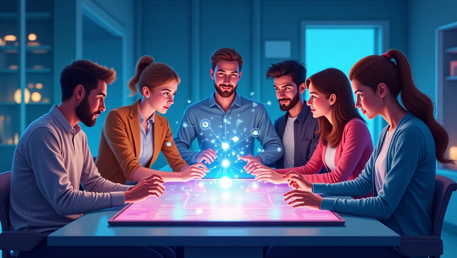 Instagram lance ses Collectifs Vidéo IA : la révolution créative qui change tout Illustration carrée en style digital moderne représentant un groupe diversifié de créateurs collaborant autour d'une grande tablette ou écran holographique projetant des éléments de vidéos et d'intelligence artificielle, avec des motifs lumineux évoquant la créativité et la technologie, ambiance dynamique et innovante, palette VidForger (#54387D, #3E408D, #3C579D, #47C0B4, #58A17B, #80D07E, #A5DA6F, #E1A65F, #EFCA5E, #EBE263).