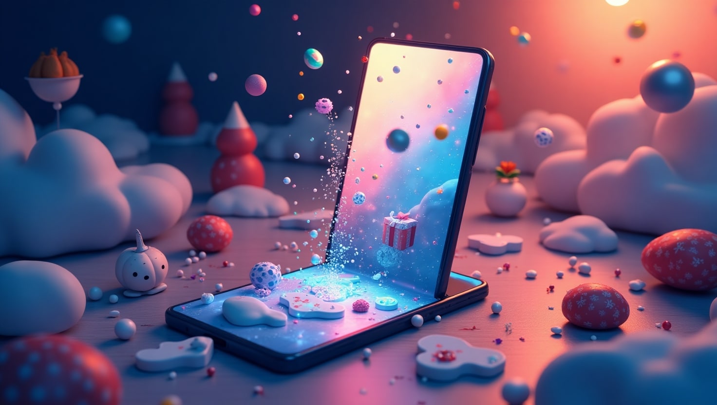 Illustration carrée en style digital moderne représentant une scène dynamique d'une vidéo verticale immersive en plein écran sur un smartphone, avec des éléments visuels évoquant l'innovation, la créativité et l'engagement, ambiance innovante et captivante, palette VidForger (#54387D, #3E408D, #3C579D, #47C0B4, #58A17B, #80D07E, #A5DA6F, #E1A65F, #EFCA5E, #EBE263).